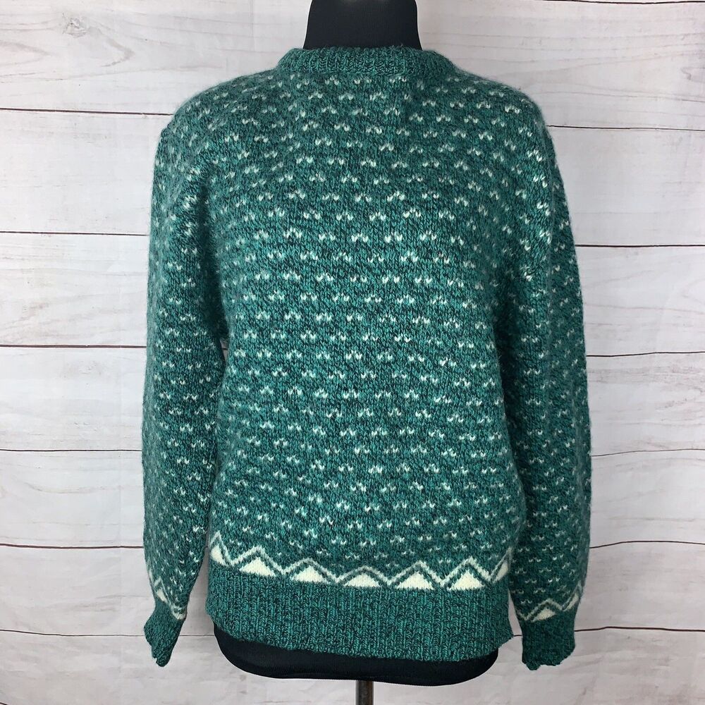 Wool Green sweater pullover jumper medium 8 small 6 Aztec tribal geometric knit